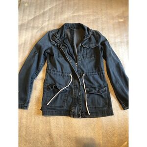 I Love Ronson Womens Denim Jacket Size‎ Small Buttons Zipper Pockets Waist Tie